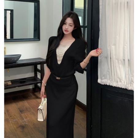 BY19608# 时尚慵懒风V领针织衫高腰显瘦半身裙套装女夏季新两件套 服裝批發女裝批發服飾貨源