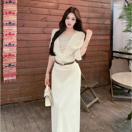 BY19608# 时尚慵懒风V领针织衫高腰显瘦半身裙套装女夏季新两件套 服裝批發女裝批發服飾貨源