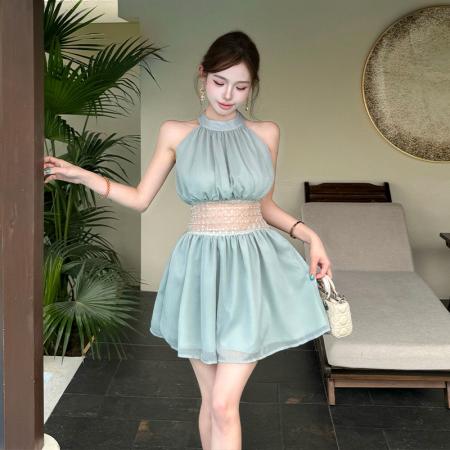 BY19617# 重工钉珠挖肩挂脖连衣裙女夏季纯欲收腰显瘦a字无袖短裙 服裝批發女裝批發服飾貨源