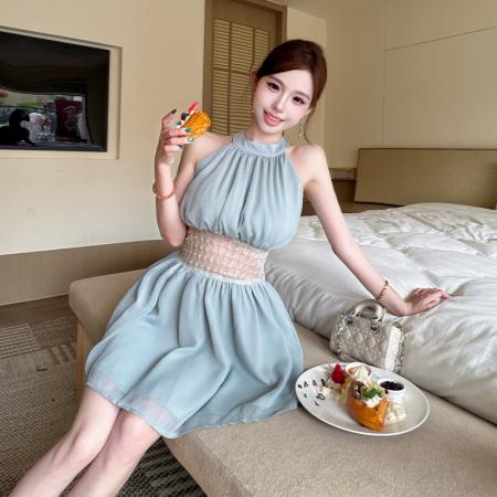 BY19617# 重工钉珠挖肩挂脖连衣裙女夏季纯欲收腰显瘦a字无袖短裙 服裝批發女裝批發服飾貨源