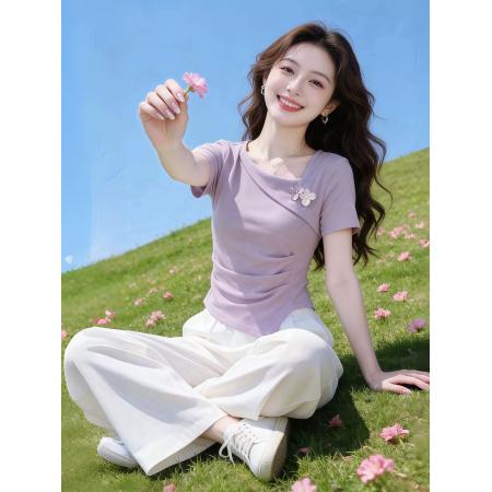 BY19619# 紫色方领花朵抽褶修身短袖T恤女夏季独特漂亮遮肚子显瘦上 服裝批發女裝批發服飾貨源