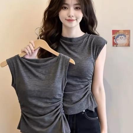 BY19620# 灰色褶皱收腰无袖t恤女新款夏季韩系ins设计感上衣微职场穿搭 服裝批發女裝批發服飾貨源
