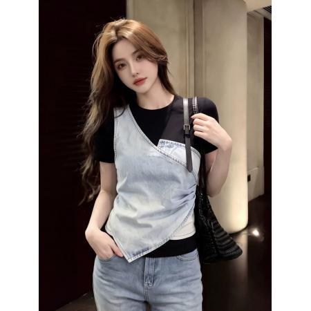BY19625# 女夏季假俩件设计感炸街独特漂亮巨好看正肩小上衣 服裝批發女裝批發服飾貨源