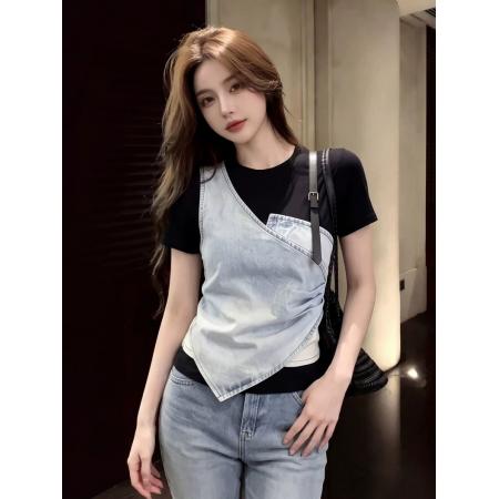 BY19625# 女夏季假俩件设计感炸街独特漂亮巨好看正肩小上衣 服裝批發女裝批發服飾貨源
