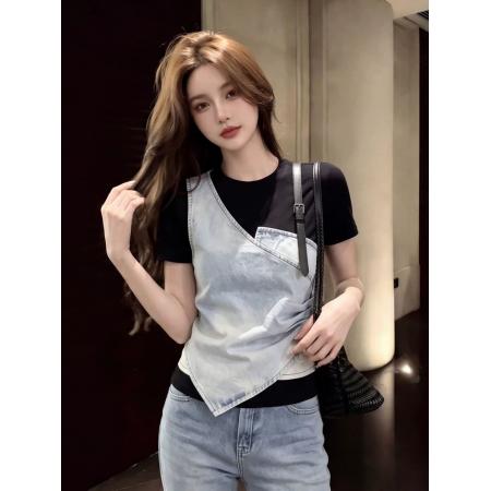 BY19625# 女夏季假俩件设计感炸街独特漂亮巨好看正肩小上衣 服裝批發女裝批發服飾貨源