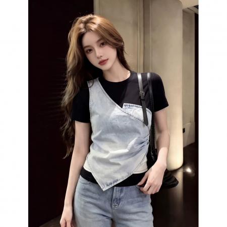 BY19625# 女夏季假俩件设计感炸街独特漂亮巨好看正肩小上衣 服裝批發女裝批發服飾貨源