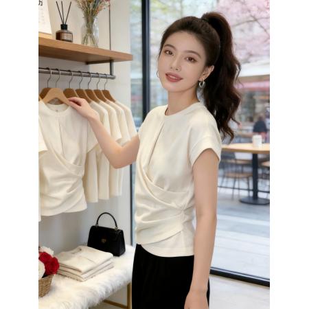 BY19631# 小众设计感收腰显瘦圆领短袖T恤女夏款正肩修身显瘦百搭气质上衣 服裝批發女裝批發服飾貨源