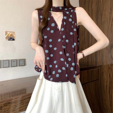 BY19633# 新款韩系波点挂脖无袖V领背心 服裝批發女裝批發服飾貨源