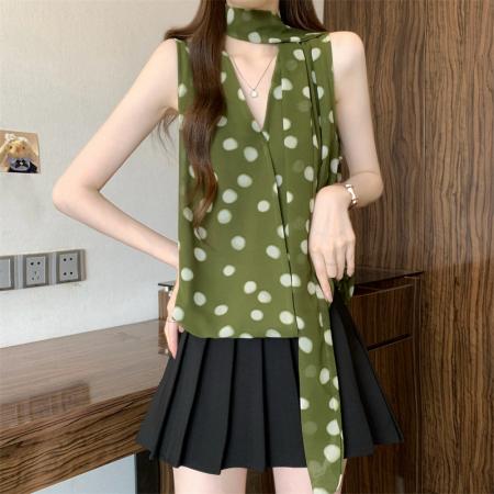 BY19633# 新款韩系波点挂脖无袖V领背心 服裝批發女裝批發服飾貨源