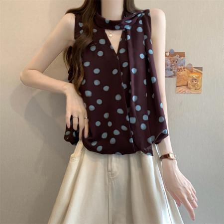 BY19633# 新款韩系波点挂脖无袖V领背心 服裝批發女裝批發服飾貨源
