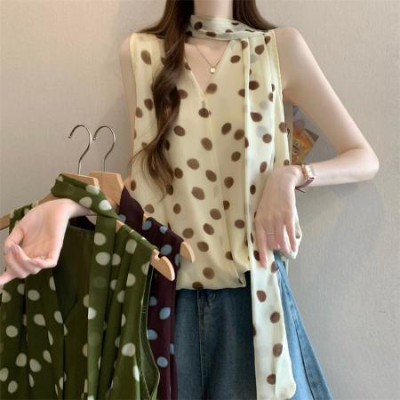 BY19633# 新款韩系波点挂脖无袖V领背心 服裝批發女裝批發服飾貨源