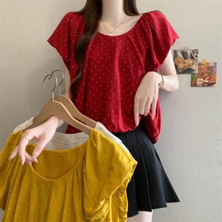 BY19634# 新款甜美波点方领泡泡袖背心衬衫 服裝批發女裝批發服飾貨源