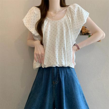BY19634# 新款甜美波点方领泡泡袖背心衬衫 服裝批發女裝批發服飾貨源