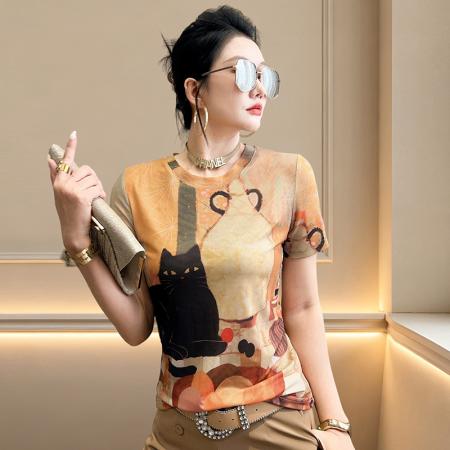 BY19639# 春夏新款定位网纱印花圆领短袖t恤女时尚修身打底衫潮 服裝批發女裝批發服飾貨源