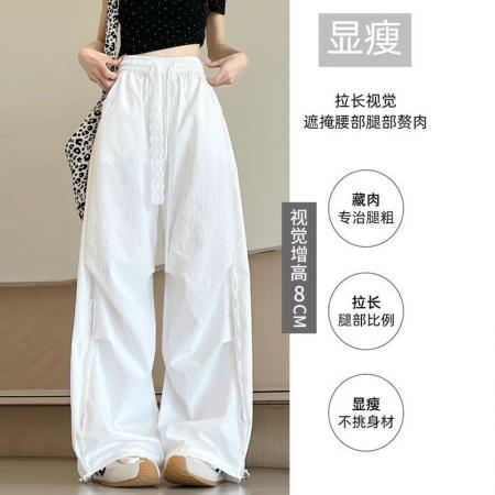 BY19647# 时尚蕾丝伞兵裤女新款高腰镂空拼接工装裤宽松显瘦阔腿休闲裤 服裝批發女裝批發服飾貨源