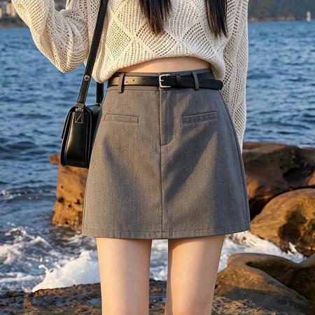 BY19653# 高腰防走光裙女春夏新款设计感显瘦a字短裙送腰带 服裝批發女裝批發服飾貨源