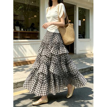 BY19659# 咖啡色蛋糕半身裙女新款春夏长裙蓬蓬裙格子仙女网纱裙子 服裝批發女裝批發服飾貨源