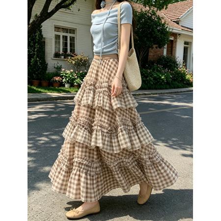 BY19659# 咖啡色蛋糕半身裙女新款春夏长裙蓬蓬裙格子仙女网纱裙子 服裝批發女裝批發服飾貨源