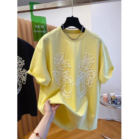 BY19666# 立体刺绣花朵装饰设计感t恤女短袖新款宽松大码300斤休闲小众 服裝批發女裝批發服飾貨源
