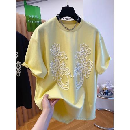 BY19666# 立体刺绣花朵装饰设计感t恤女短袖新款宽松大码300斤休闲小众 服裝批發女裝批發服飾貨源