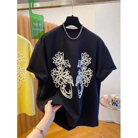 BY19666# 立体刺绣花朵装饰设计感t恤女短袖新款宽松大码300斤休闲小众 服裝批發女裝批發服飾貨源