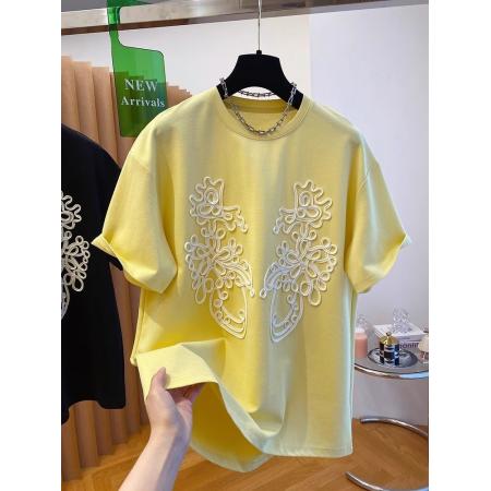 BY19666# 立体刺绣花朵装饰设计感t恤女短袖新款宽松大码300斤休闲小众 服裝批發女裝批發服飾貨源