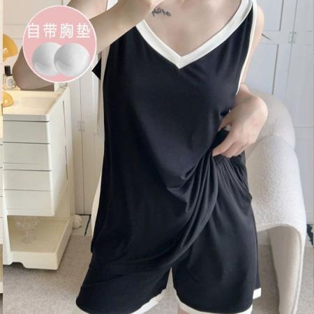 BY19667# 带胸垫吊带女夏季无袖背心纯色短裤套装休闲仿棉家居服可外穿 服裝批發女裝批發服飾貨源