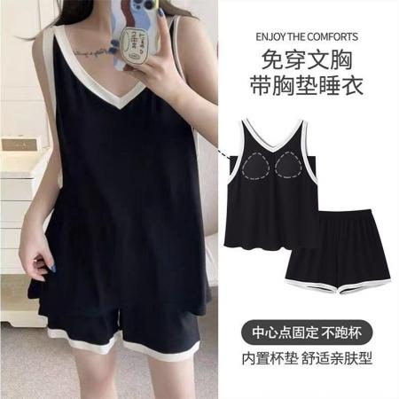 BY19667# 带胸垫吊带女夏季无袖背心纯色短裤套装休闲仿棉家居服可外穿 服裝批發女裝批發服飾貨源