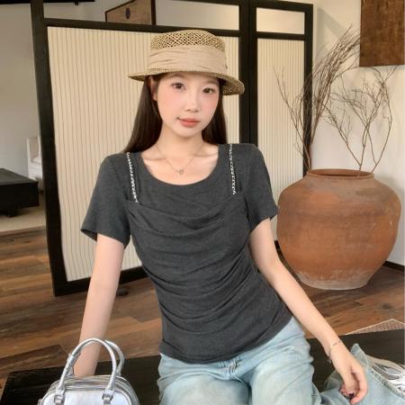 BY19672# 大码夏季新款韩系设计感圆领假两件短袖链条褶皱收腰上衣 服裝批發女裝批發服飾貨源