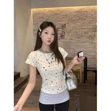 BY19674# 大码胖MM韩系休闲星星印花短袖T恤夏季新款修身上衣 服裝批發女裝批發服飾貨源