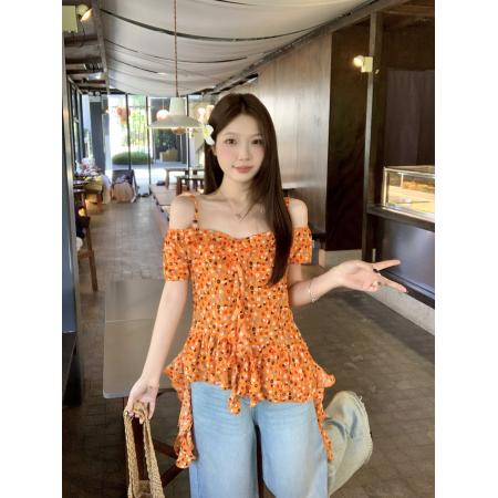 BY19675# 大码女装夏季新款韩系度假风露肩碎花雪纺衫显瘦上衣 服裝批發女裝批發服飾貨源