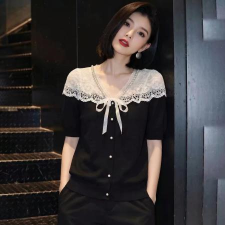 BY19679# 设计感蕾丝拼接V领短袖衬衫女黑色蝴蝶结显瘦百搭上衣夏新款 服裝批發女裝批發服飾貨源