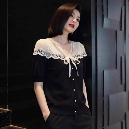 BY19679# 设计感蕾丝拼接V领短袖衬衫女黑色蝴蝶结显瘦百搭上衣夏新款 服裝批發女裝批發服飾貨源