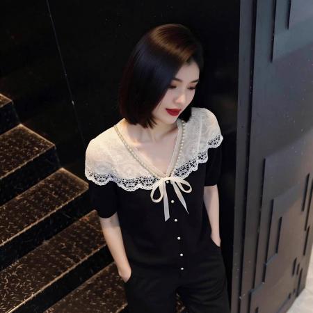 BY19679# 设计感蕾丝拼接V领短袖衬衫女黑色蝴蝶结显瘦百搭上衣夏新款 服裝批發女裝批發服飾貨源
