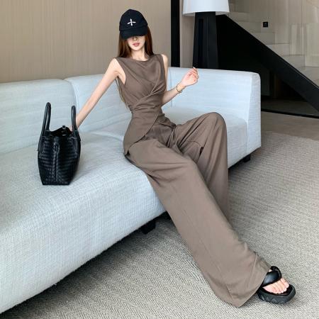 BY19685# 呼吸麻感绑带上衣垂感阔腿裤两件套新款宽松休闲气质百搭套装 服裝批發女裝批發服飾貨源