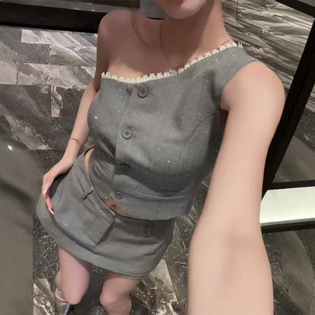 BY19705# 法式重工烫钻斜肩西装马甲背心高腰半身裙裤两件套女夏季辣妹套装 服裝批發女裝批發服飾貨源