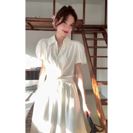 BY19706# 法式气质白色泡泡袖衬衫半身裙两件套女夏季新款高级感时尚套装裙 服裝批發女裝批發服飾貨源