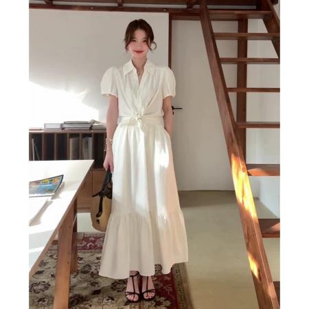BY19706# 法式气质白色泡泡袖衬衫半身裙两件套女夏季新款高级感时尚套装裙 服裝批發女裝批發服飾貨源