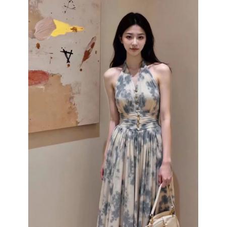 BY19708# 新中式蓝色晕染挂脖连衣裙女夏季轻熟小众不撞款法式掐腰长裙 服裝批發女裝批發服飾貨源
