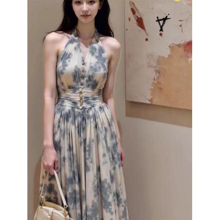 BY19708# 新中式蓝色晕染挂脖连衣裙女夏季轻熟小众不撞款法式掐腰长裙 服裝批發女裝批發服飾貨源