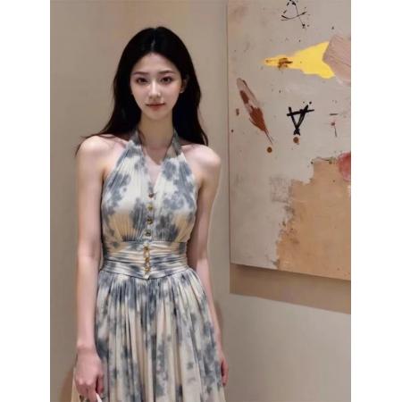 BY19708# 新中式蓝色晕染挂脖连衣裙女夏季轻熟小众不撞款法式掐腰长裙 服裝批發女裝批發服飾貨源