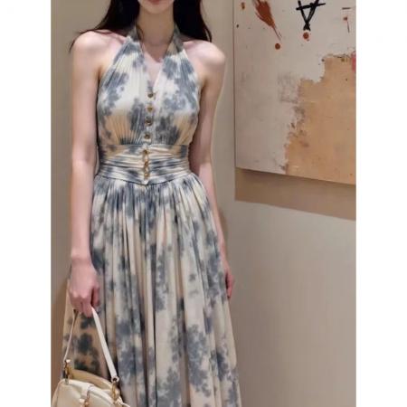 BY19708# 新中式蓝色晕染挂脖连衣裙女夏季轻熟小众不撞款法式掐腰长裙 服裝批發女裝批發服飾貨源