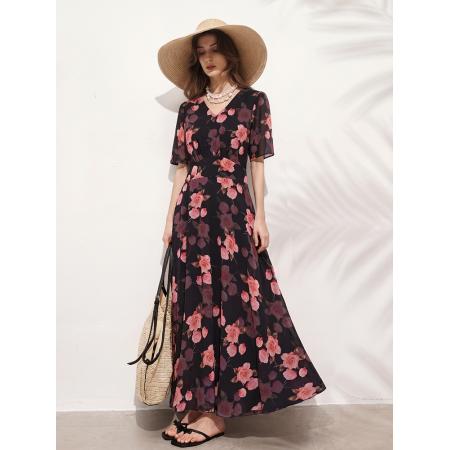 BY19716# 减龄碎花连衣裙女夏新款浪漫时尚气质V领高腰显瘦大摆裙 服裝批發女裝批發服飾貨源