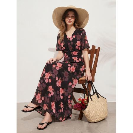 BY19716# 减龄碎花连衣裙女夏新款浪漫时尚气质V领高腰显瘦大摆裙 服裝批發女裝批發服飾貨源