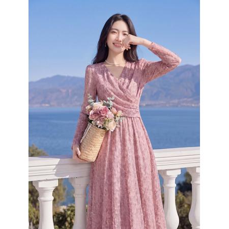 BY19718# 夏季新款淑女V领长袖粉色碎花收腰显瘦气质修身长裙 服裝批發女裝批發服飾貨源