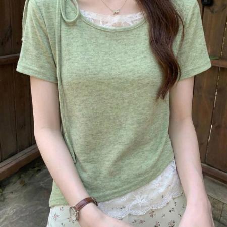 BY19725# 绿色假两件短袖T恤女夏季新款撞色蕾丝拼接正肩体恤短款上衣 服裝批發女裝批發服飾貨源
