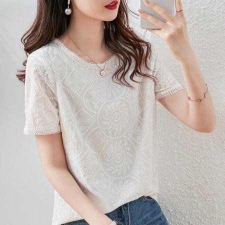 BY19729# 气质蕾丝花边短袖刺绣雪纺衫女夏季新款宽松百搭圆领白色上衣 服裝批發女裝批發服飾貨源