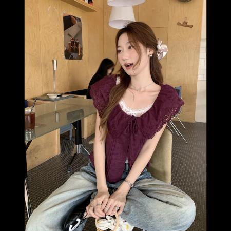 BY19731# 法式荷叶边复古修身夏季百搭上衣设计感气质简约衬衫 服裝批發女裝批發服飾貨源