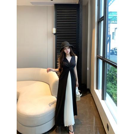 BY19733# 夏季复古性感V领扭结法式压褶拼接显瘦连衣裙长裙女 服裝批發女裝批發服飾貨源