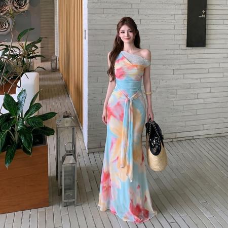 BY19734# 夏季性感绝美出片飘带蕾丝拼接收腰显瘦连衣裙包臀长裙女 服裝批發女裝批發服飾貨源
